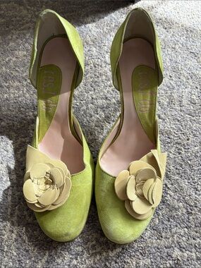 Green Suede Floral D'Orsay Heels